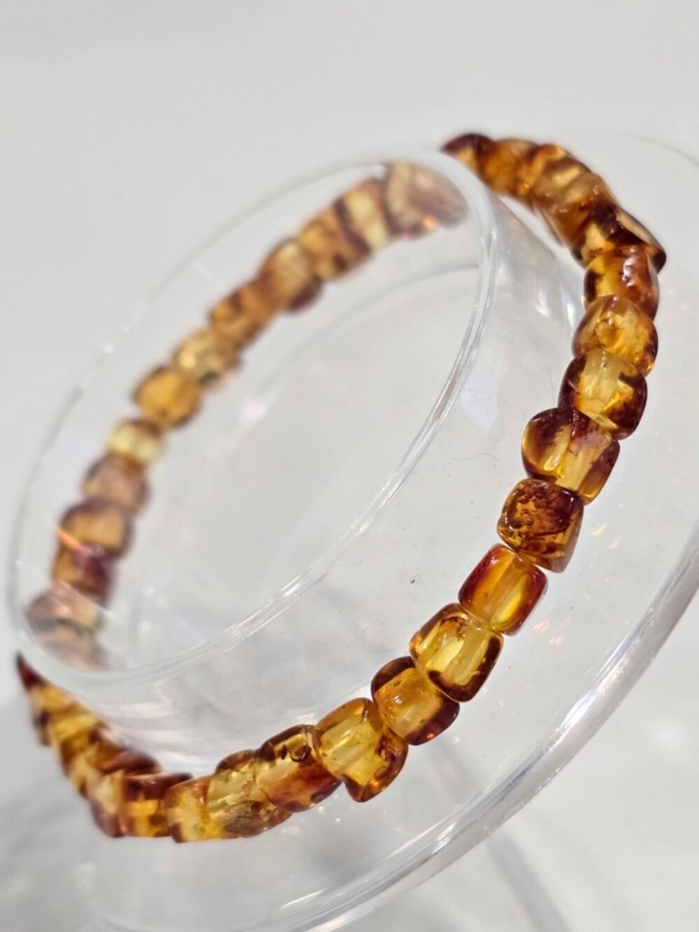 Handmade ✦ Amber Cube Bead Bracelet ✦ Honey Tone Natural Stone Stretch Design - Picture 5 of 7